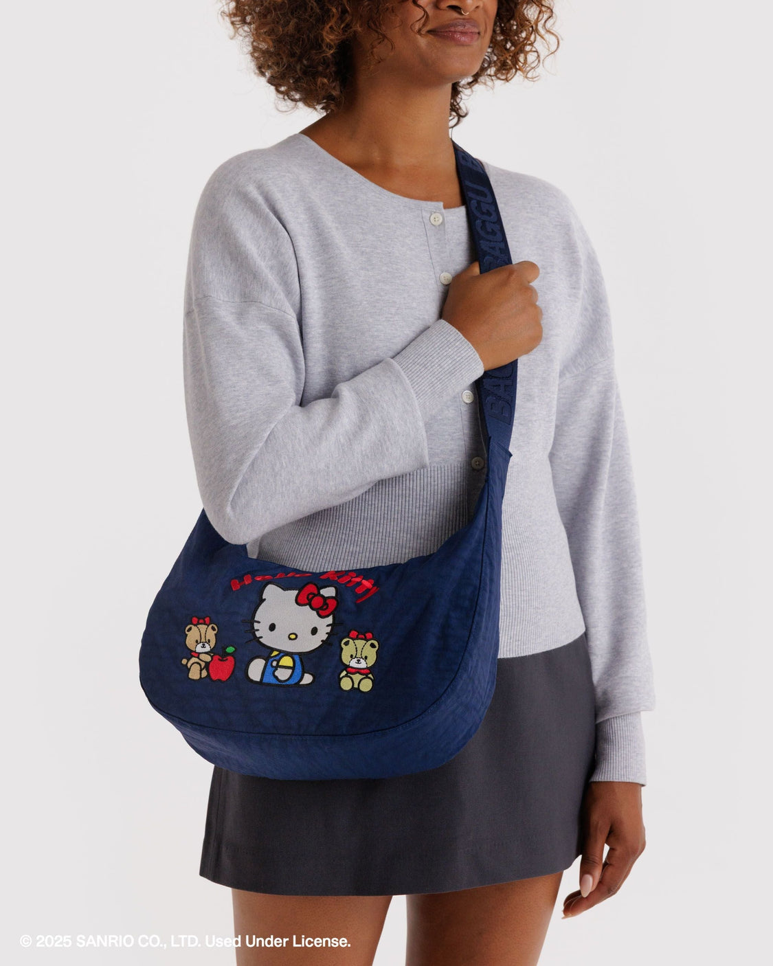 Medium Nylon Crescent Bag - Embroidered Hello Kitty & Teddy - City Carry