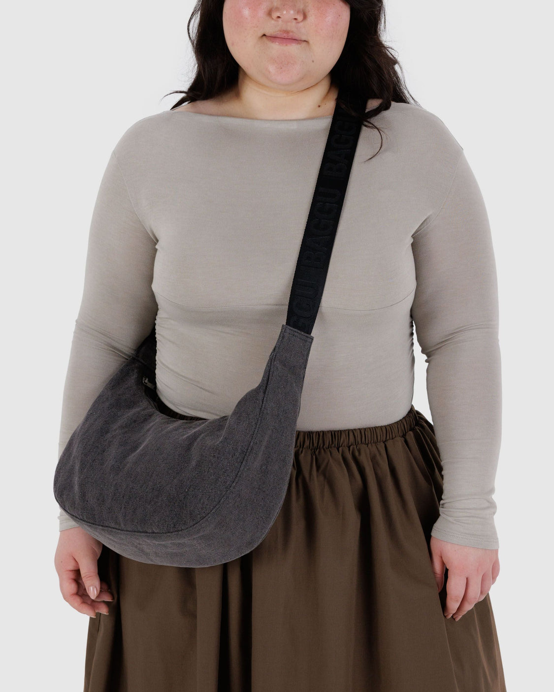 Medium Denim Crescent Bag - Washed Black Denim - Light Pack
