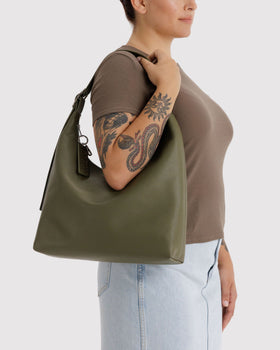 Recycled Leather Shoulder Bag - Loden - Simple Tote